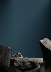 Stone podium or pedestal for product showcase. Stand product mockup. Horizontal frame. Dark blue background product stage. 3d render illustration