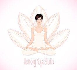 Fototapeta na wymiar Beautiful Caucasian Brunette Girl sitting in Lotus pose with a flower on background. Vector illustration. Spa consent, yoga studio, or natural medicine clinic.