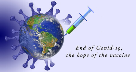 Naklejka premium End of Covid-19, the hope of the vaccine. The planet earth cleared of the pandemic