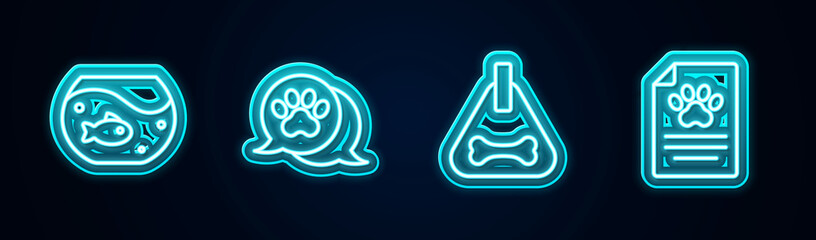 Set line Aquarium with fish, Paw print, Dog collar and Clinical record pet. Glowing neon icon. Vector