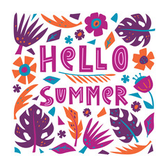 Bright summer illustration with cutout floral elements and hand drawn lettering. Casual drawing of flowers, tropical leaves, abstract shapes. Square vector poster, postcard. Pink, orange, purple color