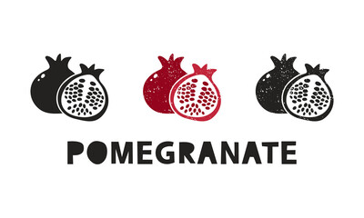 Pomegranate, silhouette icons set with lettering. Imitation of stamp, print with scuffs. Simple black shape and color vector illustration. Hand drawn isolated elements on white background - 482662964