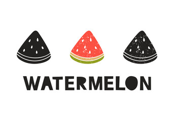 Watermelon, silhouette icons set with lettering. Imitation of stamp, print with scuffs. Simple black shape and color vector illustration. Hand drawn isolated elements on white background - 482662968
