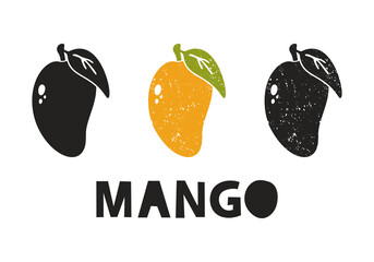 Mango, silhouette icons set with lettering. Imitation of stamp, print with scuffs. Simple black shape and color vector illustration. Hand drawn isolated elements on white background