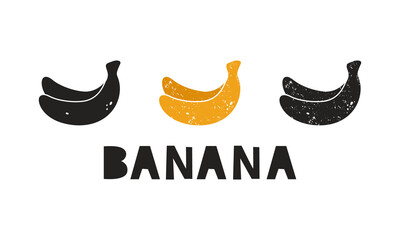 Banana, silhouette icons set with lettering. Imitation of stamp, print with scuffs. Simple black shape and color vector illustration. Hand drawn isolated elements on white background