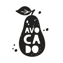 Avocado grunge sticker. Black texture silhouette with lettering inside. Imitation of stamp, print with scuffs. Hand drawn isolated illustration on white background