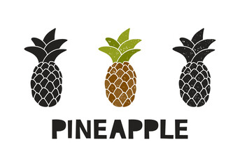 Pineapple, silhouette icons set with lettering. Imitation of stamp, print with scuffs. Simple black shape and color vector illustration. Hand drawn isolated elements on white background - 482662977