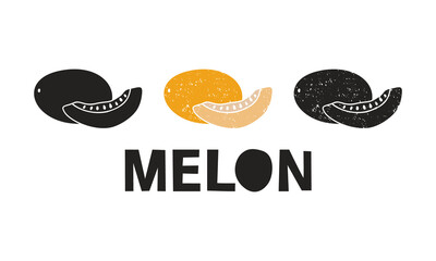 Melon, silhouette icons set with lettering. Imitation of stamp, print with scuffs. Simple black shape and color vector illustration. Hand drawn isolated elements on white background - obrazy, fototapety, plakaty