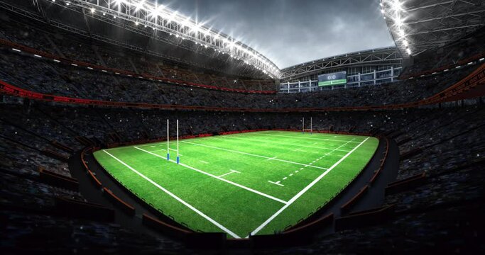 Rugby stadium with goal posts from fans view. Grassy playground and fan crowd on background. Digital 4k video loop for sport advertisement.