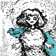 Hand drawn drawing with a girl and bird.