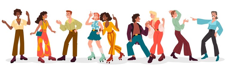 Set of people from 80s. Men and women in retro clothes or vintage outfits dance disco or rollerblading. Stylish character from last century. Cartoon flat vector collection isolated on white background