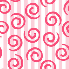 Seamless pattern with pink curls on stripped background. Vector design for textile, backgrounds, clothes, wrapping paper, web sites and wallpaper. Fashion illustration seamless pattern.
