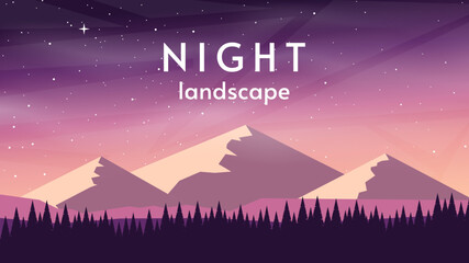 Vector night landscape. Forest in foreground and mountains in background. Beautiful starry sky. Design for background, business or greeting card. 