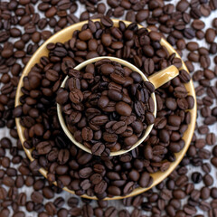 A cup filled with coffee beans surrounded by coffee beans. Coffee beans close up. Selective focus. Dried and roasted coffee beans.