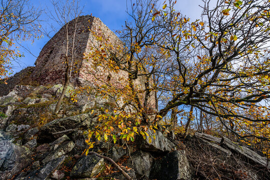 Ruined castle Valdek in autumn in CHKO Brdy, Czechia.