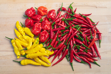Mixed red and yellow hot chili peppers on a light wooden table. Habanero, lemon drop, cayenne