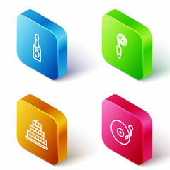 Set Isometric line Champagne bottle, Birthday party horn, Cake with burning candles and Vinyl player disk icon. Vector