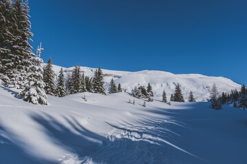 A picturesque landscape view of the snowcapped French Alps mountains with a hiking path in the snow...