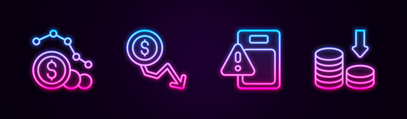 Set line Dollar rate decrease, , Global economic crisis and . Glowing neon icon. Vector