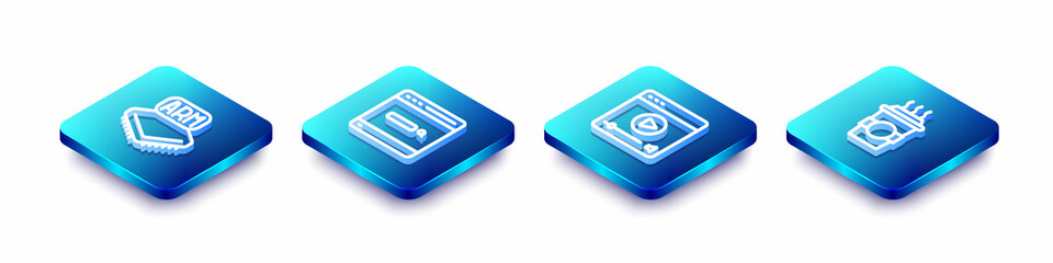 Set Isometric line Processor, Search engine, Online play video and Coffee cup to go icon. Vector