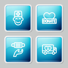 Set line Male doctor, Donation and charity, Medical protective mask and Humanitarian truck icon. Vector