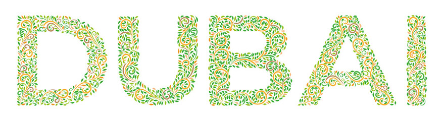 Word Dubai – most populous city in the United Arab Emirates, in arabic ornaments in oriental style on a white. Lettering with ethnic ornament