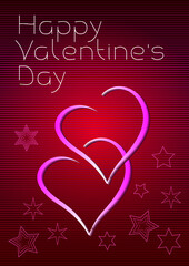 Happy Valentine's day - abstract red background and greeting card with two intertwined hearts and stars. Vector illustration