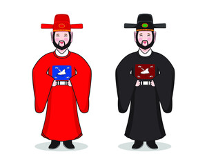 Set of Cute smiling ancient Chinese offical in Ming or Qing dynasty dress cosplay or costume in red and black uniform drawing in cartoon vector