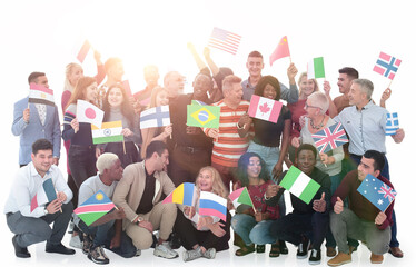 Group of diverse people standing with flags different countries