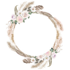 Watercolor Hand Painted Pastel Exotic Wreath, Dry plant isolated on white background, Floral Illustration for wedding design, greetings, Bohemian tropical leaves and branches of pampas grass Frame