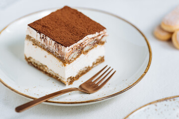 Tiramisu cake dessert served with coffee, biscuit and cocoa as ingredients on a bright white background. One piece of cake