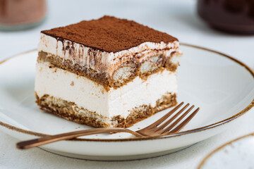 Tiramisu cake dessert served with coffee, biscuit and cocoa as ingredients on a bright white background. One piece of cake