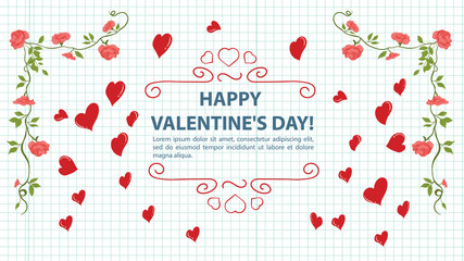 Illustration in a flat style for the Valentines Day holiday a frame of flowers in the middle an inscription congratulations among hearts background a notebook sheet in a cage