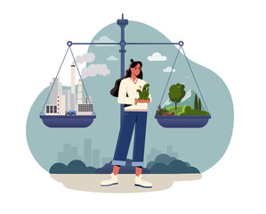 Net zero emissions and carbon dioxide CO2 neutral balance. Woman stands next to scale with plants and factory. Keeping atmosphere clean or taking care of environment. Cartoon flat vector illustration