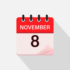 November 8, Calendar icon with shadow. Day, month. Flat vector illustration.