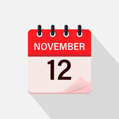 November 12, Calendar icon with shadow. Day, month. Flat vector illustration.