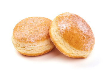 Yeast donuts with powdered sugar, isolated on white background.