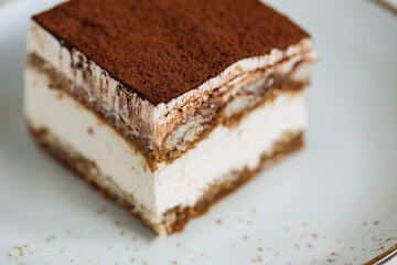 Tiramisu cake dessert served with coffee, biscuit and cocoa as ingredients on a bright white background. One piece of cake