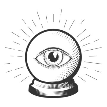 Fortune-teller glass ball with eye, predicting soothsayer glass sphere, vector