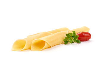 Dutch gouda cheese slices, isolated on white background.