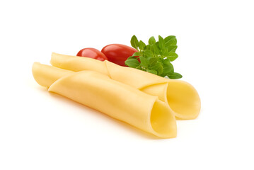 Sliced Dutch Gouda cheese, isolated on white background.