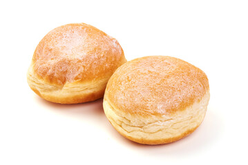 Yeast donuts with powdered sugar, isolated on white background.