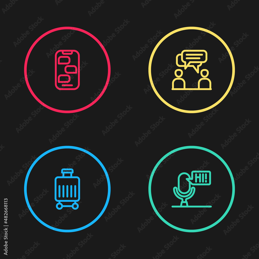 Sticker Set line Suitcase, Microphone voice device, Two sitting men talking and New chat messages notification icon. Vector