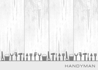 Professional handyman services. Vector banner template with tools collection and text space on gray.  Set of repair tools on woods panels background for your web site design, app, UI. EPS10.