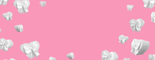 Banner with flying white heart shaped gift boxes isolated on pink background. Creative white day greeting card or banner