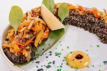 Casserole from Quinoa. Stewed vegetables: parsnips, bell peppers and eggplant