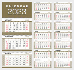 Calendar 2023. Wall quarterly calendar with week numbers. Week start from Sunday. Ready for print, color - Black, Red, Gold. Vector Illustration