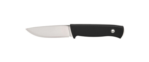 Modern hunting knife with silver blade and rubber handle. Steel arms. Isolate on a white back