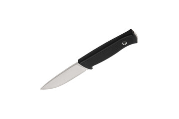 Modern hunting knife with silver blade and rubber handle. Steel arms. Isolate on a white back