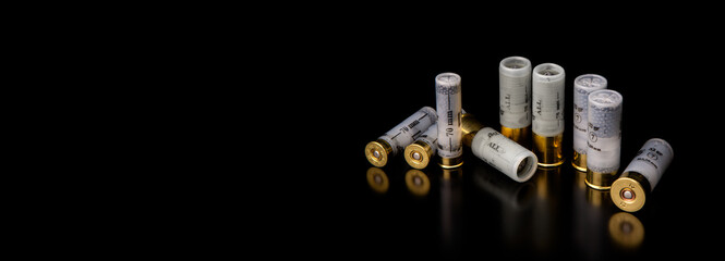 Shotgun cartridges on a dark surface with reflections. Ammunition for smooth-bore weapons on a black back